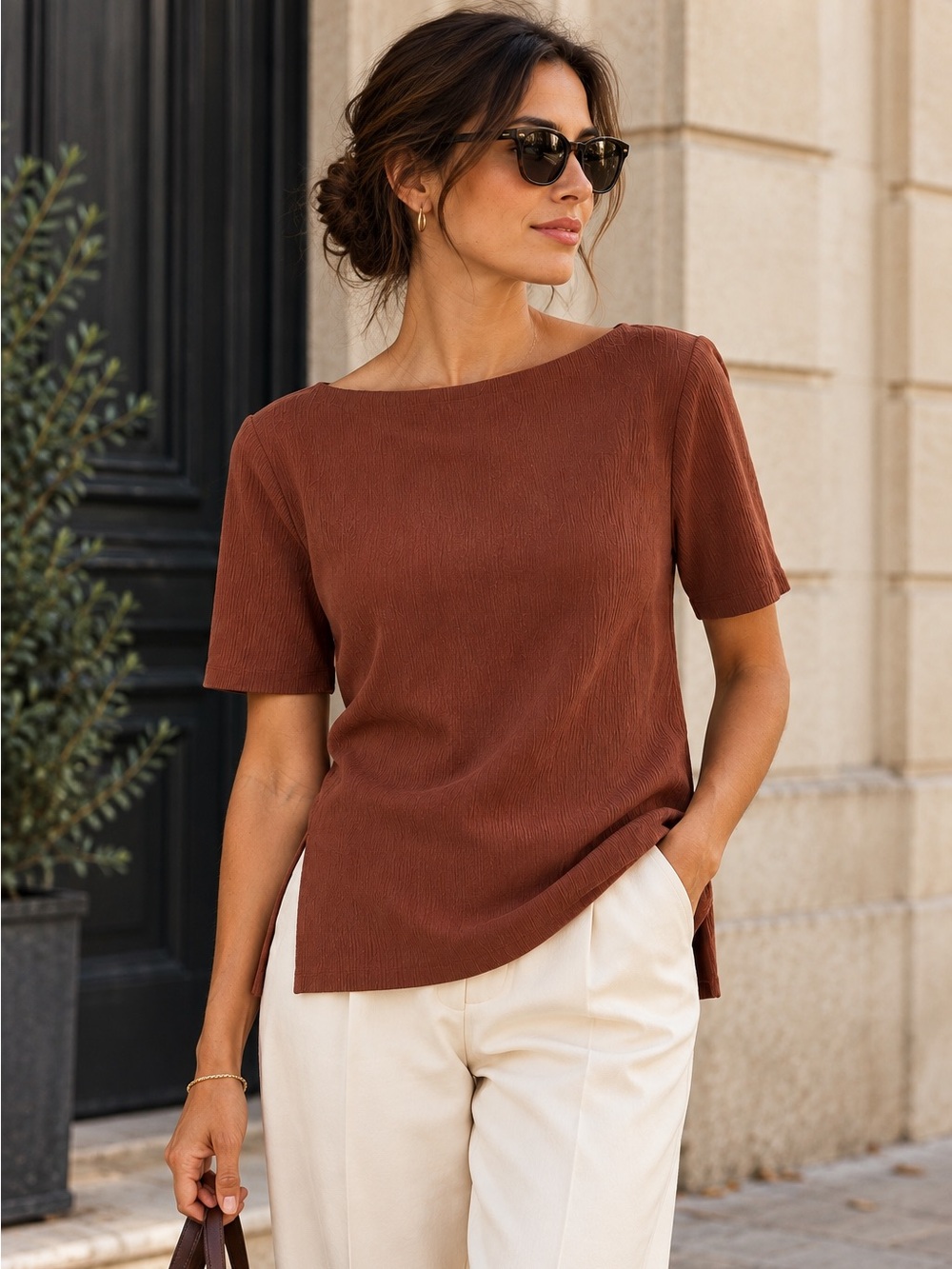 Banana Republic L Rust Brown Textured Boat Neck Side Slit Top Minimalist 90s